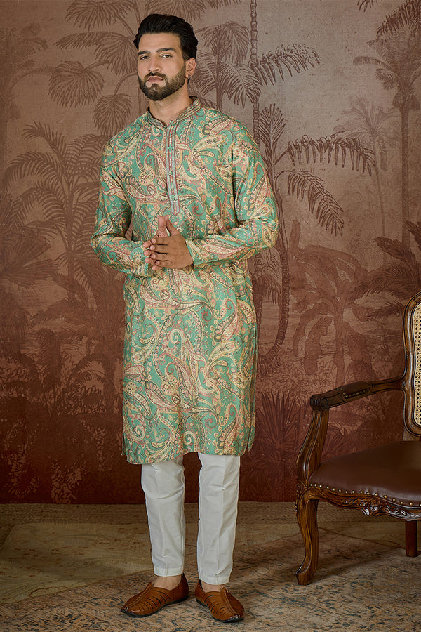 Green Silk Blend Ethnic Motifs Printed  Kurta With Trouser MKSET2544