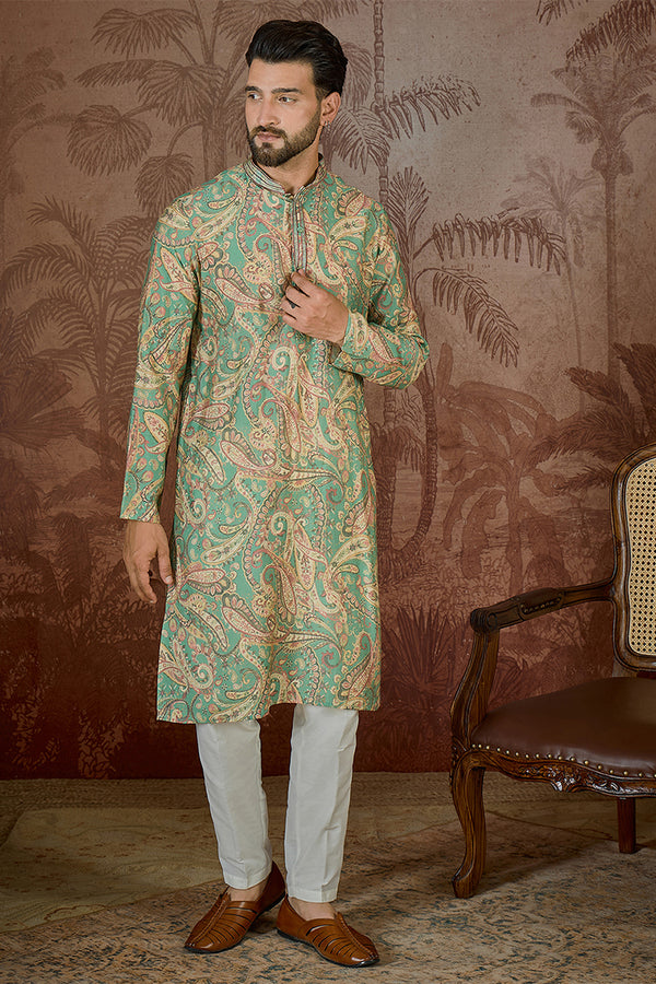 Green Silk Blend Ethnic Motifs Printed  Kurta With Trouser MKSET2544
