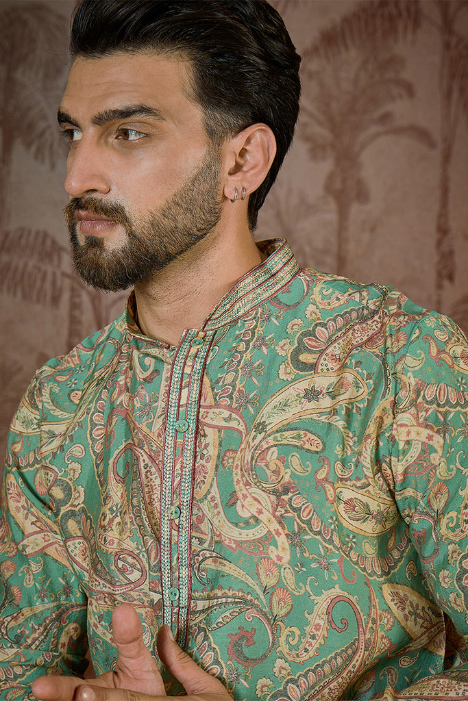 Green Silk Blend Ethnic Motifs Printed  Kurta With Trouser MKSET2544