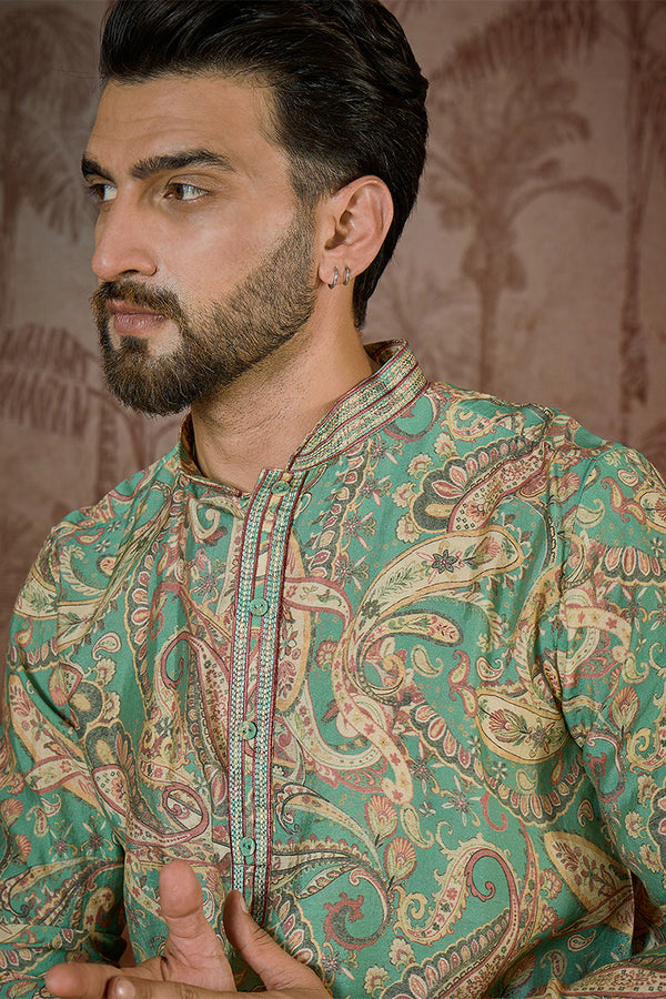 Green Silk Blend Ethnic Motifs Printed  Kurta With Trouser MKSET2544