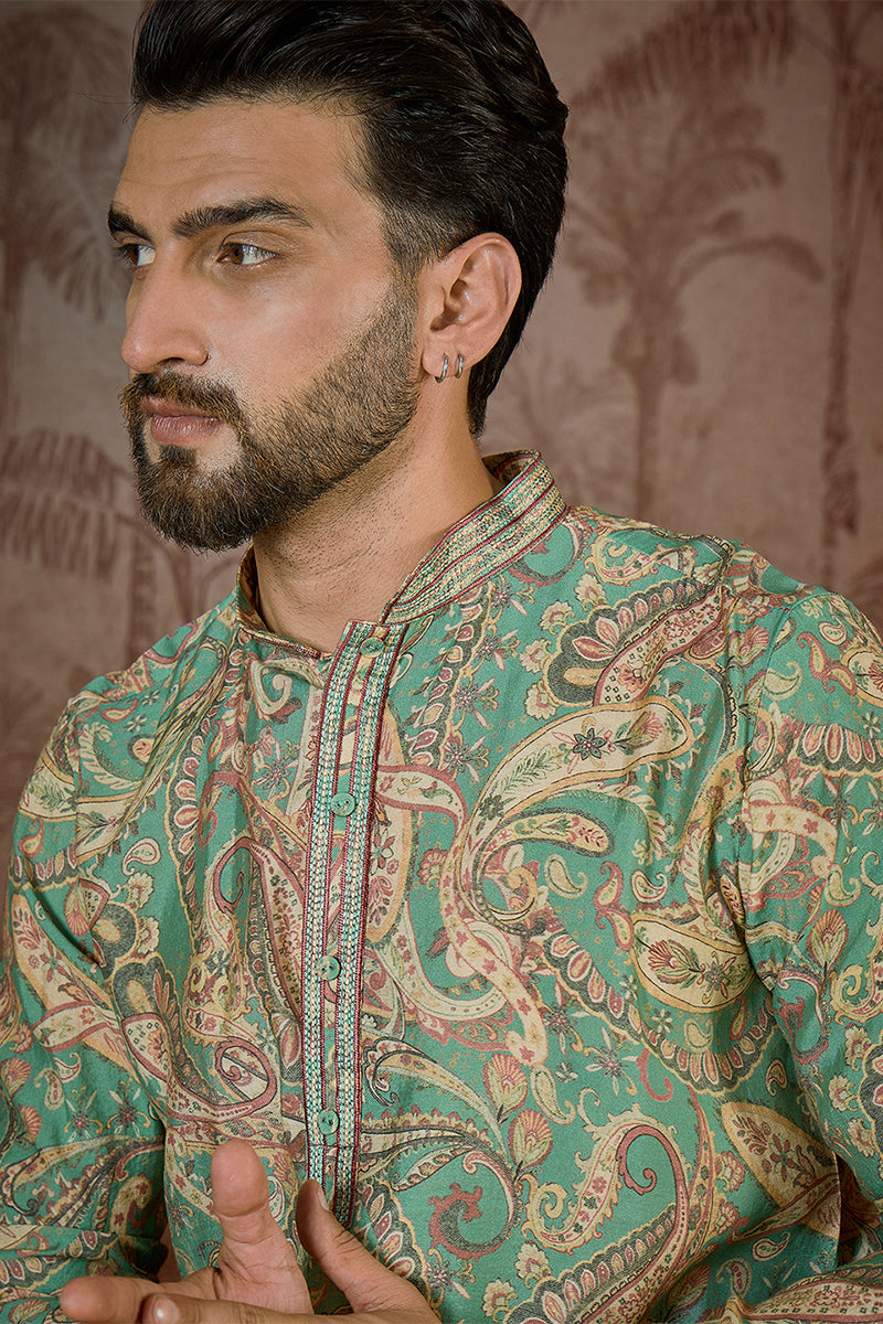 Green Silk Blend Ethnic Motifs Printed  Kurta MKU2544