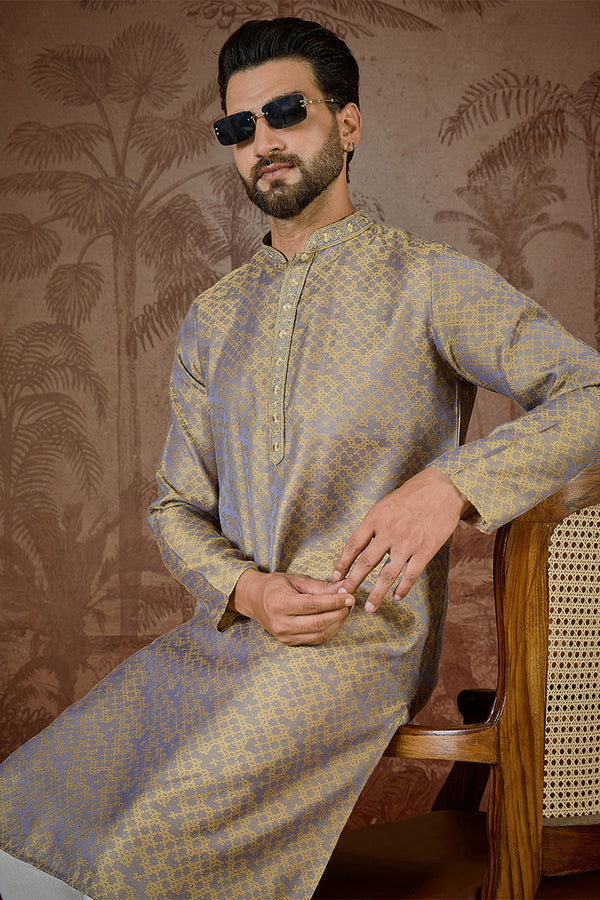 Grey Jacquard Geometric Embroidered Kurta MKU2548