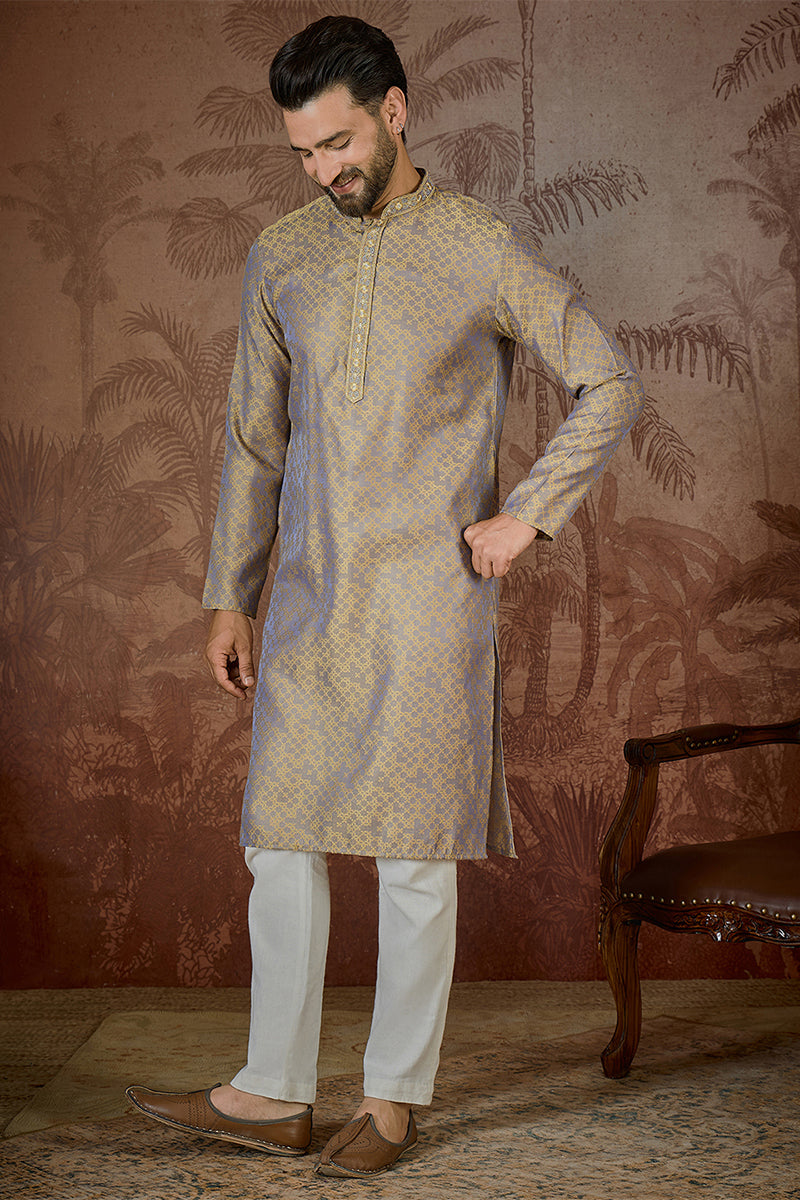 Grey Jacquard Geometric Embroidered Kurta MKU2548