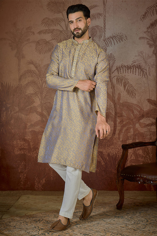 Grey Jacquard Geometric Embroidered Kurta MKU2548