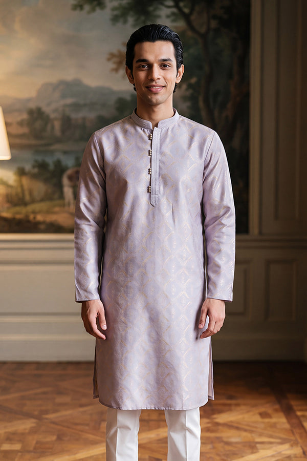 Blue Jacquard Geometric Embroidered Kurta MKU2553