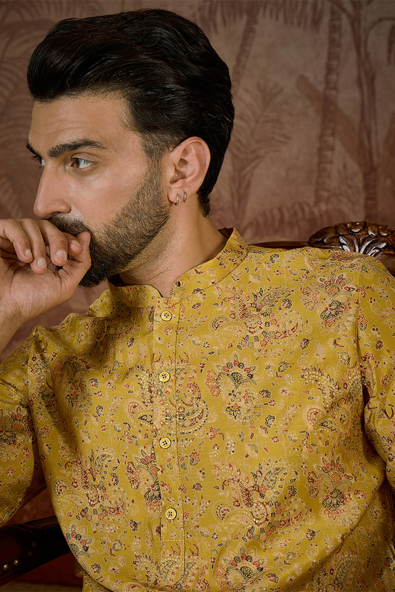 Mustard Silk Blend Ethnic Motifs Printed Kurta With Trouser MKSET2559