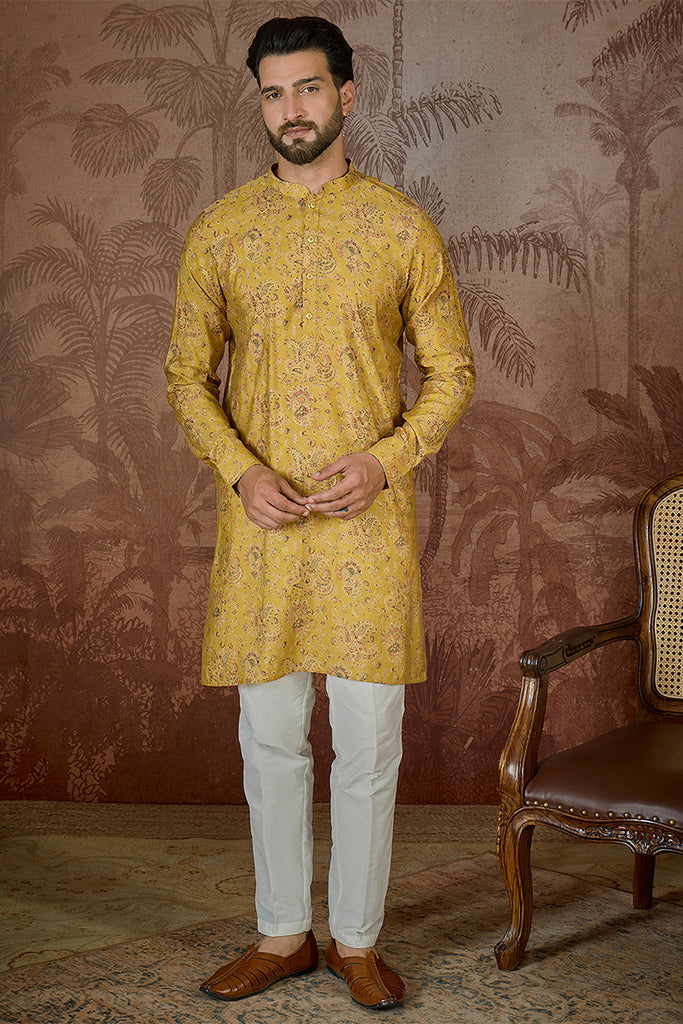Mustard Silk Blend Ethnic Motifs Printed Kurta MKU2559