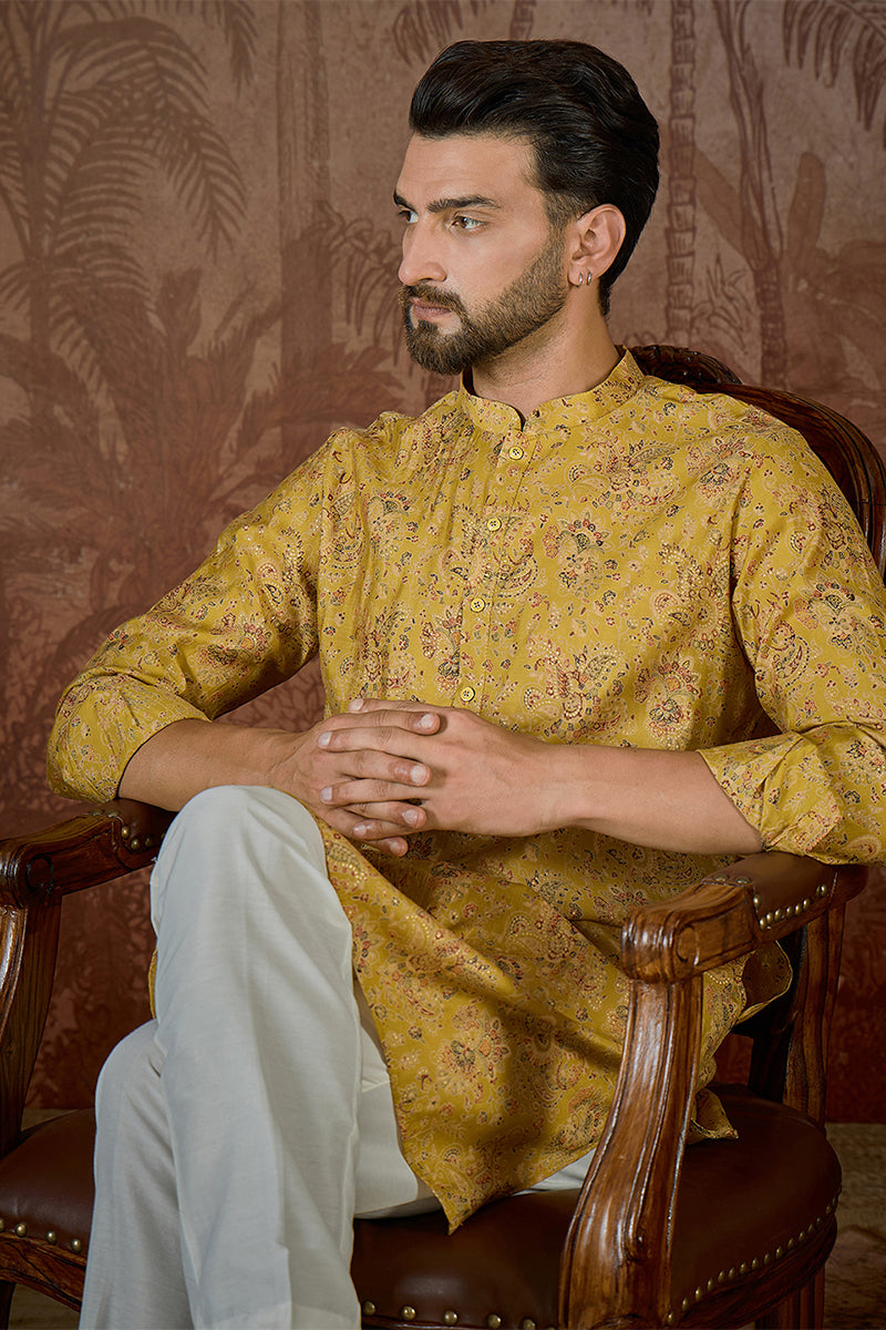 Mustard Silk Blend Ethnic Motifs Printed Kurta MKU2559