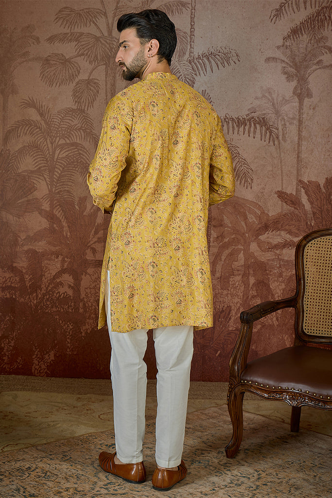 Mustard Silk Blend Ethnic Motifs Printed Kurta With Trouser MKSET2559