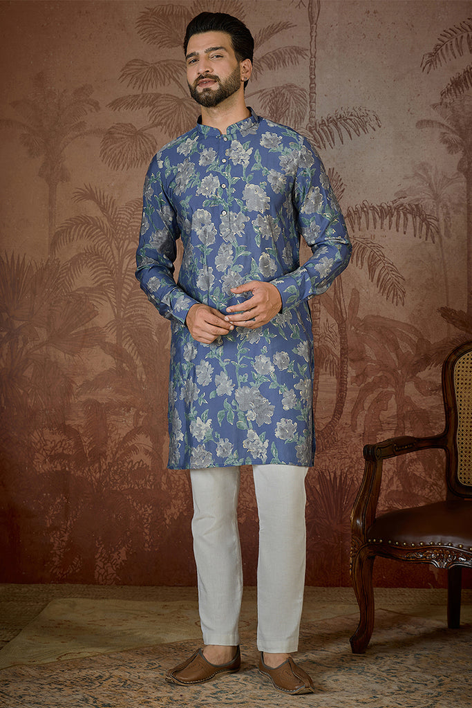 Blue Silk Blend Floral Printed Kurta MKU2567
