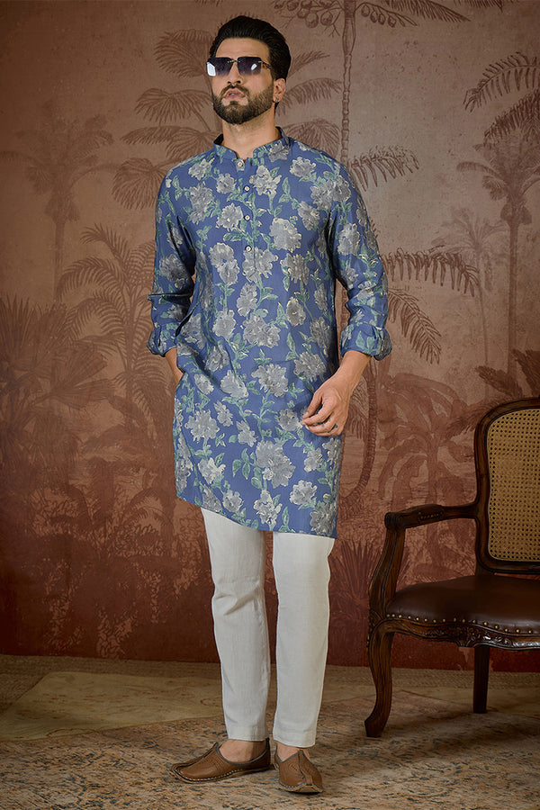 Blue Silk Blend Floral Printed Kurta MKU2567