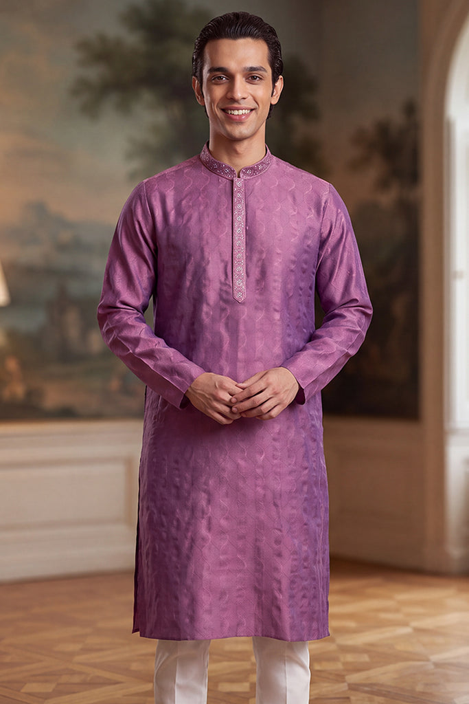 Purple Jacquard Ethnic Motifs Embroidered Thread Work Kurta MKU2583
