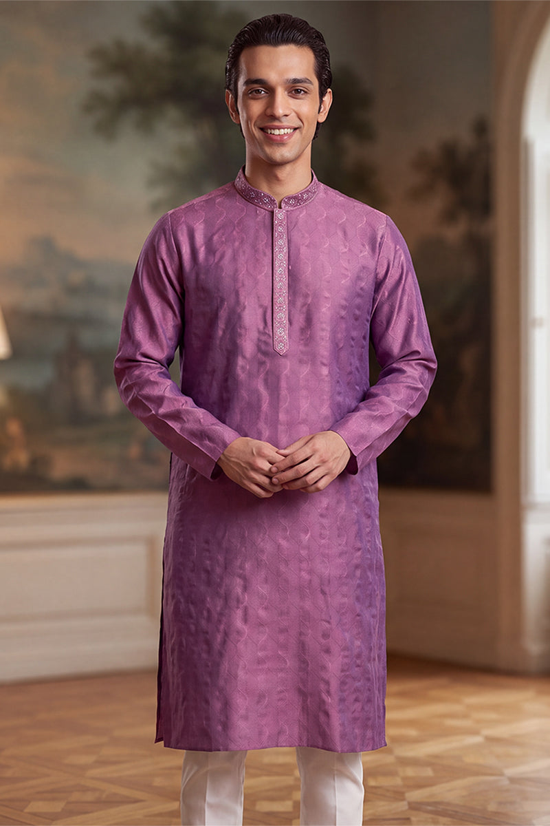 Purple Jacquard Ethnic Motifs Embroidered Thread Work Kurta MKU2583