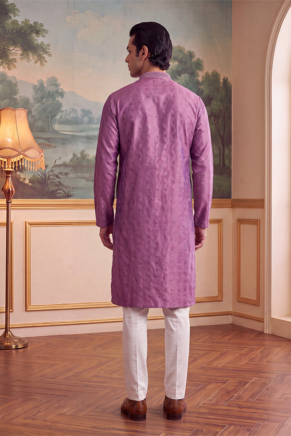 Purple Jacquard Ethnic Motifs Embroidered Thread Work Kurta MKU2583