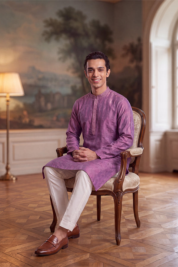 Purple Jacquard Ethnic Motifs Embroidered Thread Work Kurta MKU2583