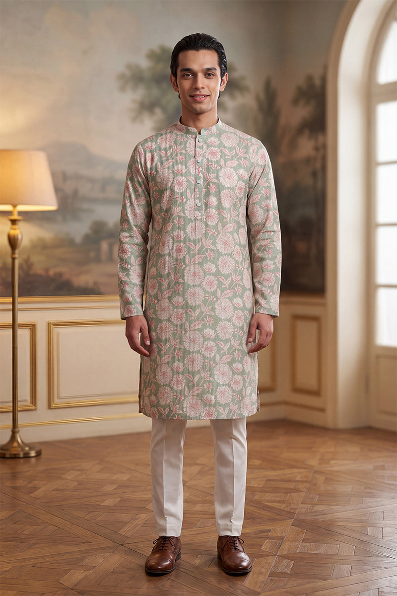 Green Linen Blend Floral Printed Kurta MKU2624