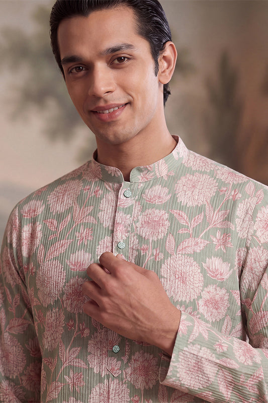 Green Linen Blend Floral Printed Kurta With Trouser MKSET2624