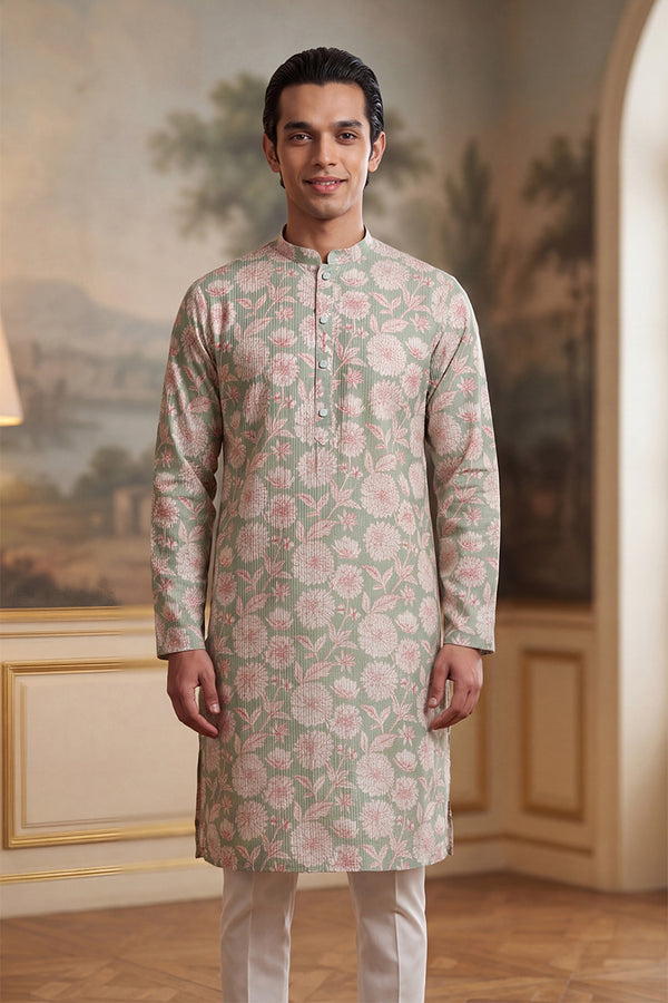 Green Linen Blend Floral Printed Kurta MKU2624