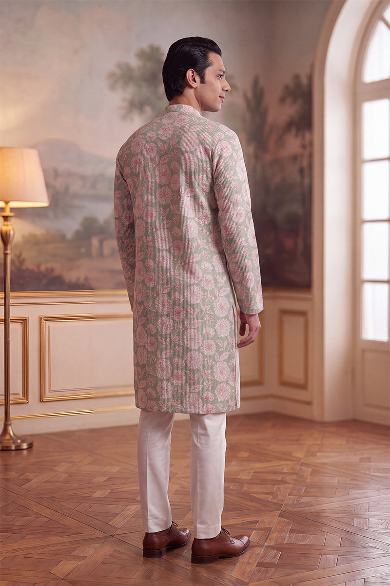Green Linen Blend Floral Printed Kurta MKU2624