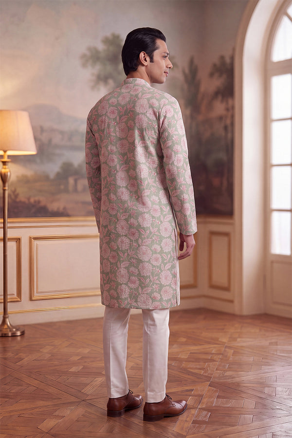 Green Linen Blend Floral Printed Kurta With Trouser MKSET2624
