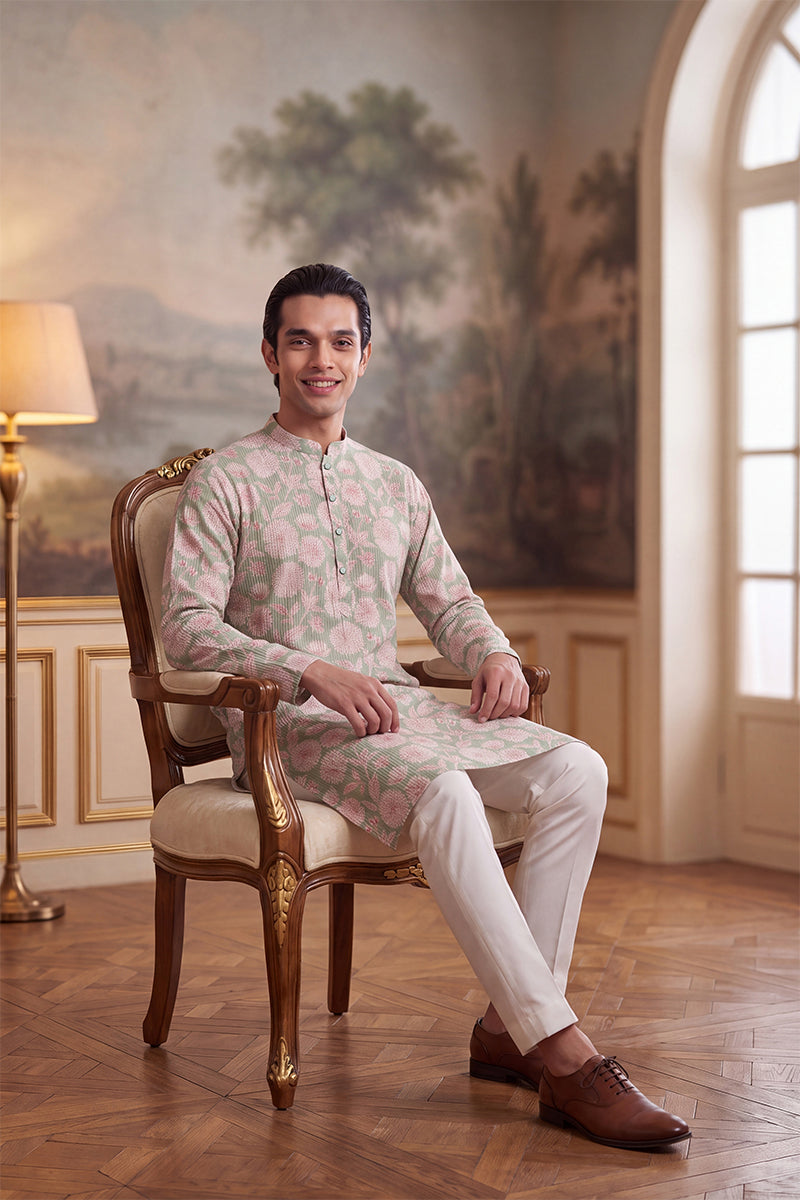 Green Linen Blend Floral Printed Kurta MKU2624