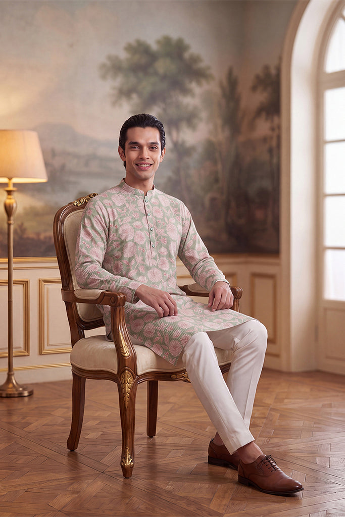 Green Linen Blend Floral Printed Kurta MKU2624