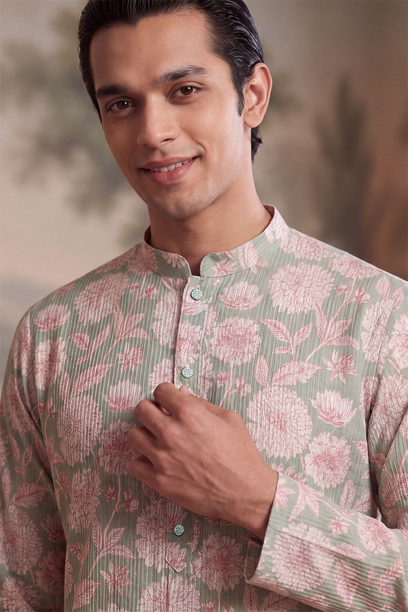 Green Linen Blend Floral Printed Kurta MKU2624