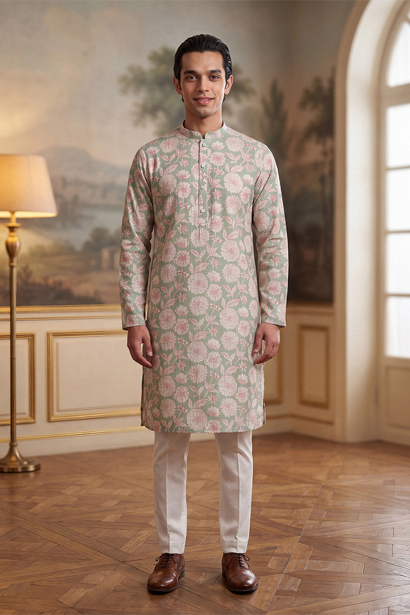 Green Linen Blend Floral Printed Kurta MKU2624