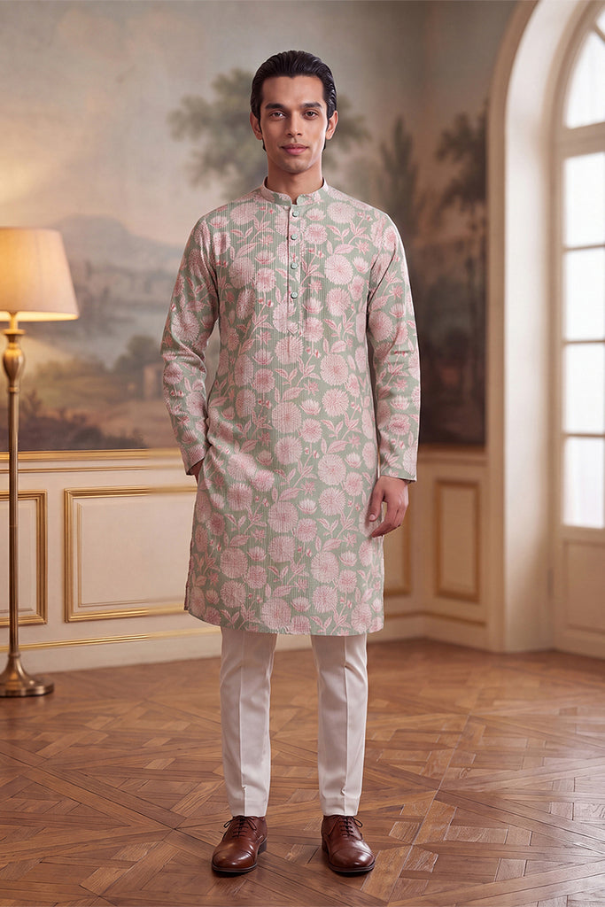 Green Linen Blend Floral Printed Kurta MKU2624