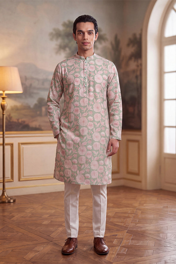 Green Linen Blend Floral Printed Kurta MKU2624