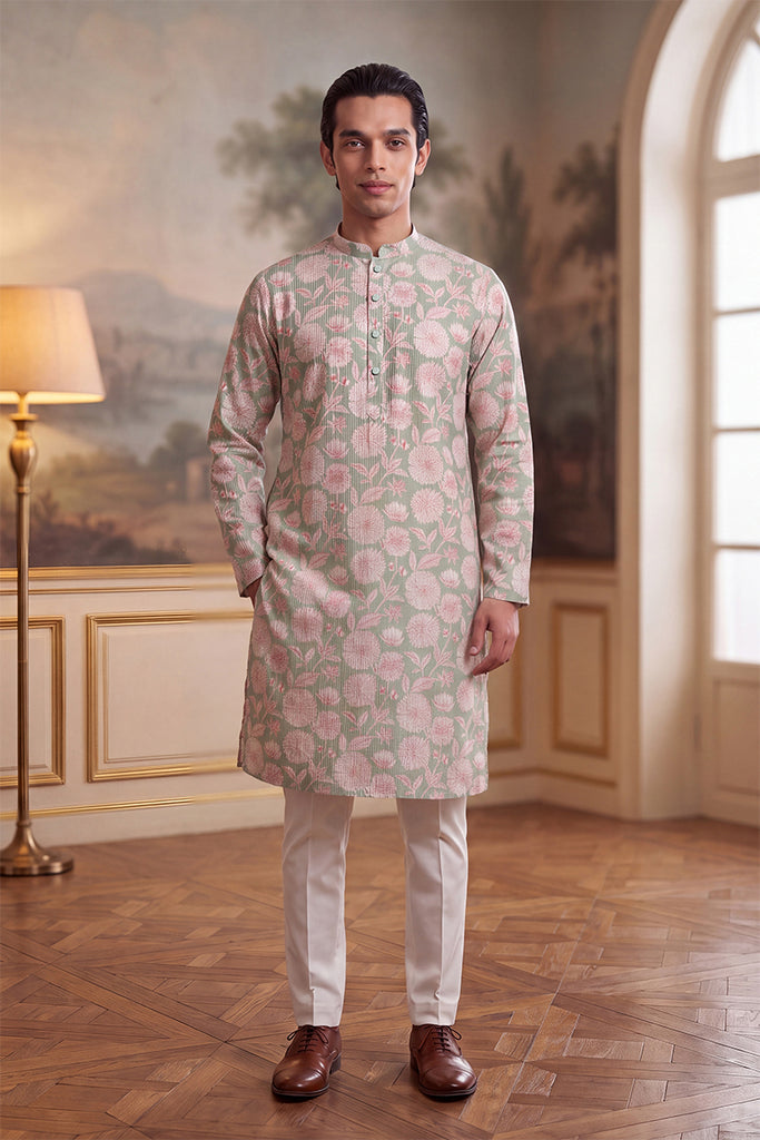 Green Linen Blend Floral Printed Kurta With Trouser MKSET2624