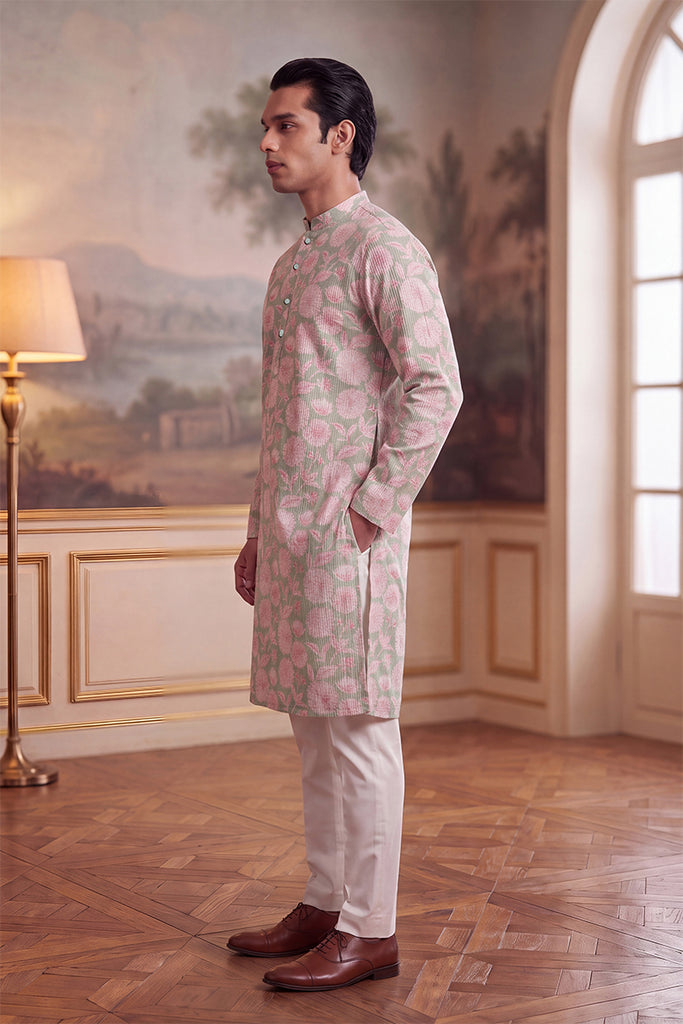 Green Linen Blend Floral Printed Kurta MKU2624