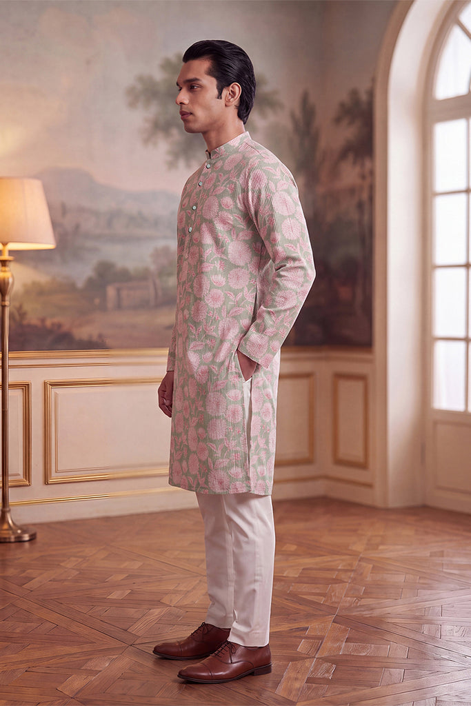 Green Linen Blend Floral Printed Kurta MKU2624