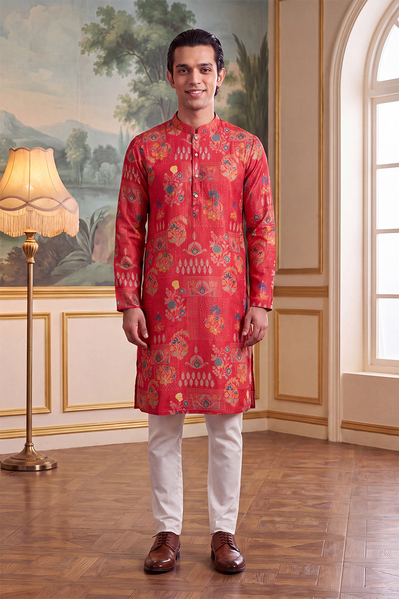 Pink Linen Blend Floral Printed Kurta MKU2626