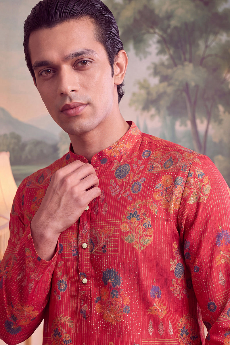 Pink Linen Blend Floral Printed Kurta MKU2626
