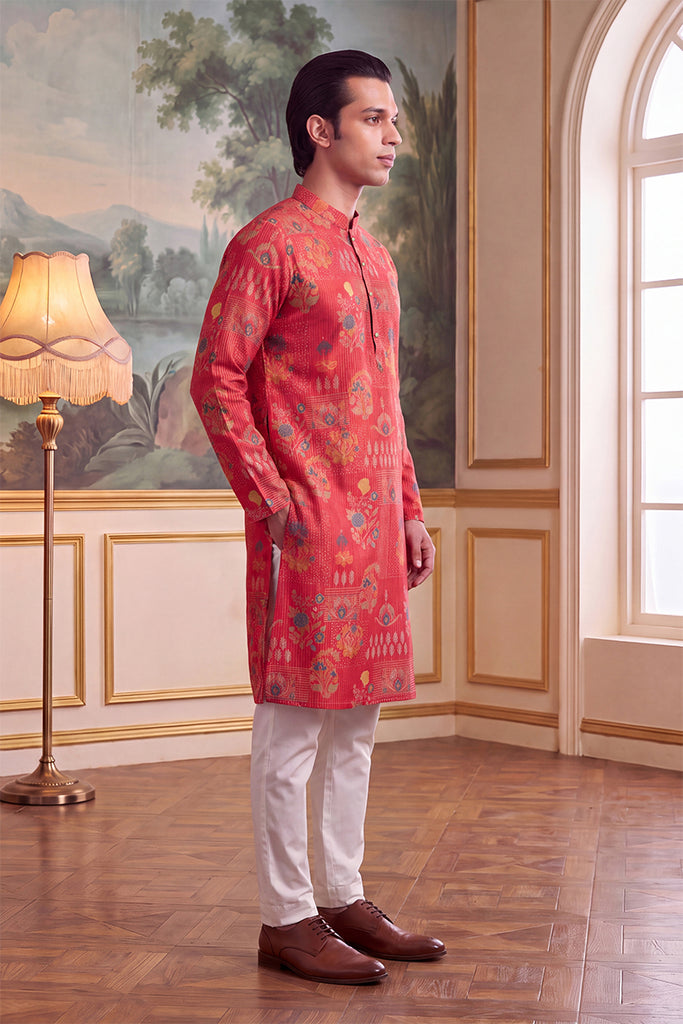 Pink Linen Blend Floral Printed Kurta MKU2626