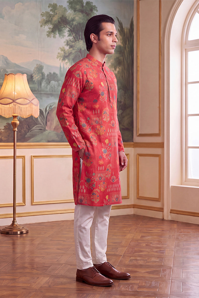 Pink Linen Blend Floral Printed Kurta MKU2626