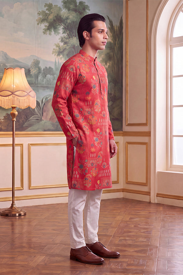 Pink Linen Blend Floral Printed Kurta MKU2626