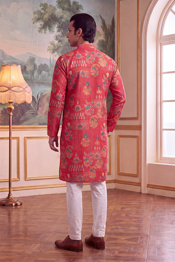 Pink Linen Blend Floral Printed Kurta MKU2626