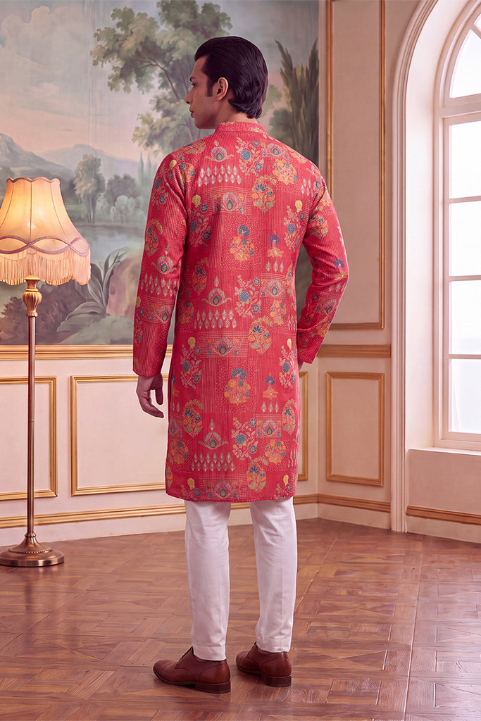 Pink Linen Blend Floral Printed Kurta MKU2626