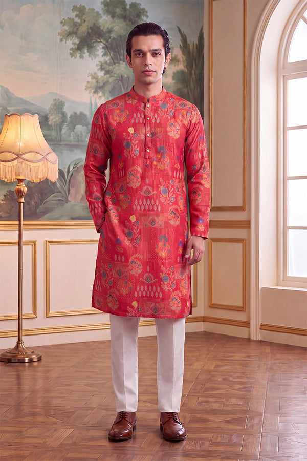 Pink Linen Blend Floral Printed Kurta MKU2626