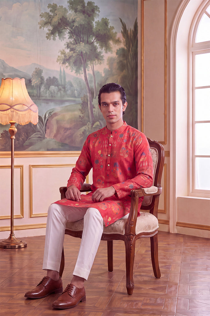 Pink Linen Blend Floral Printed Kurta MKU2626