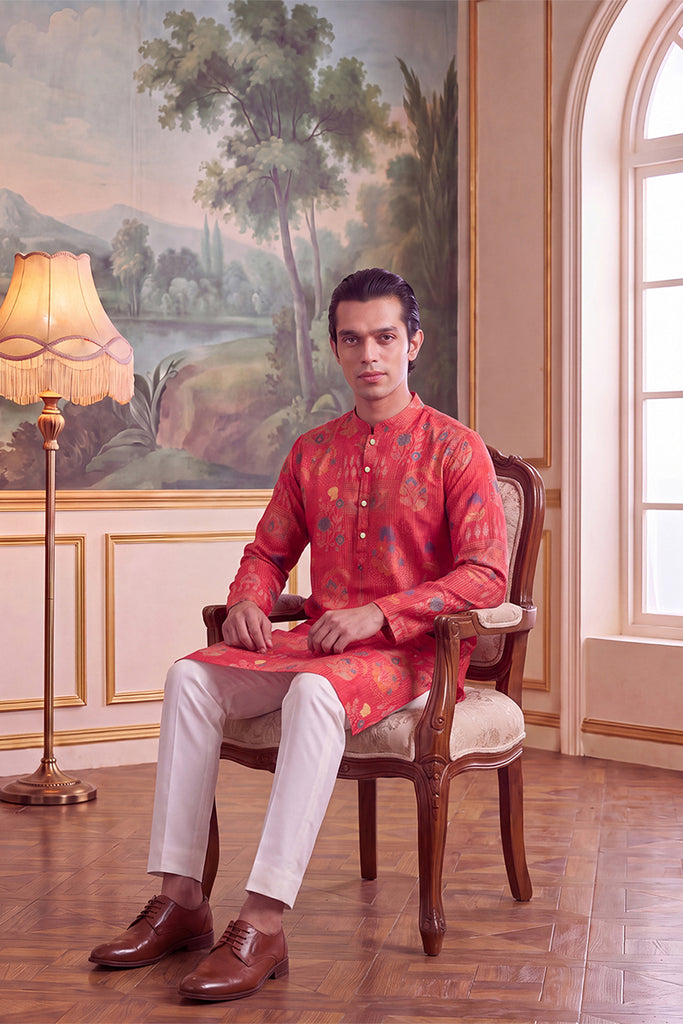 Pink Linen Blend Floral Printed Kurta MKU2626