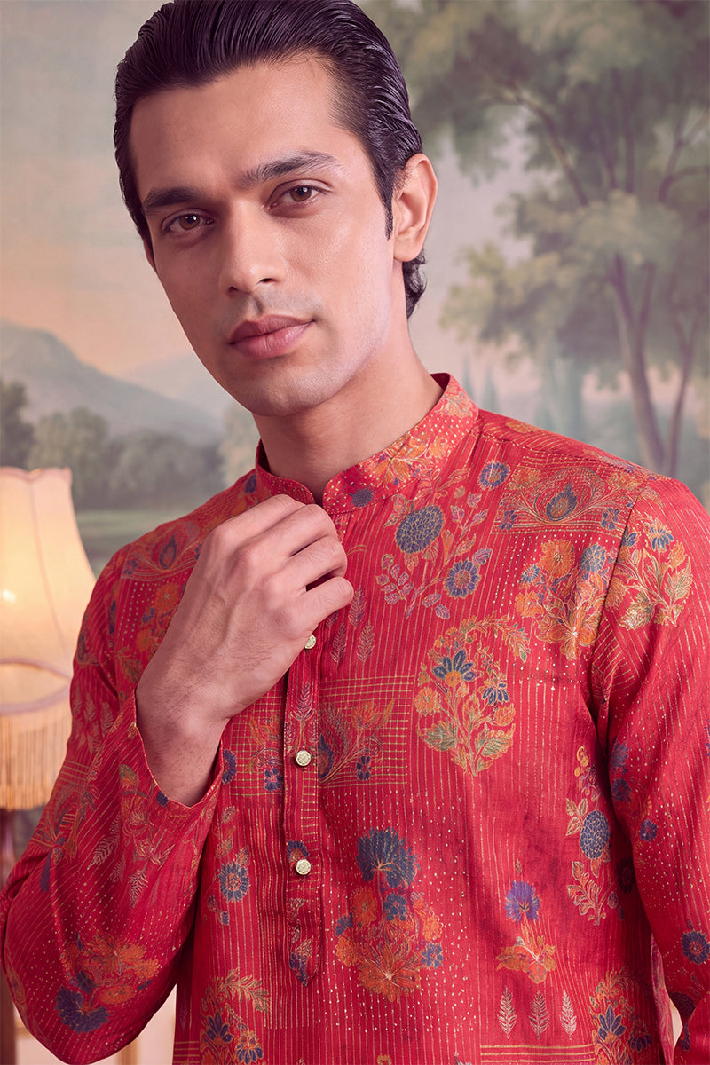Pink Linen Blend Floral Printed Kurta MKU2626