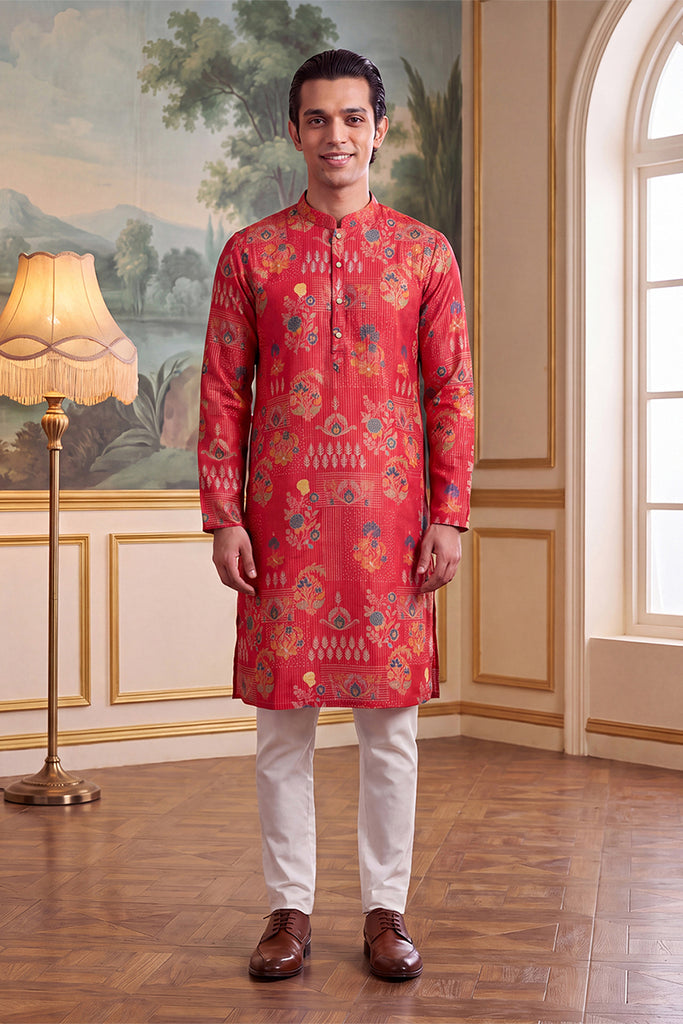 Pink Linen Blend Floral Printed Kurta MKU2626