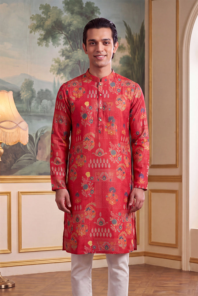 Pink Linen Blend Floral Printed Kurta MKU2626