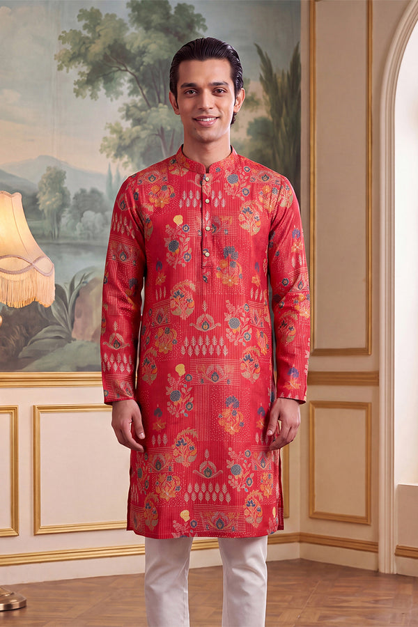 Pink Linen Blend Floral Printed Kurta MKU2626