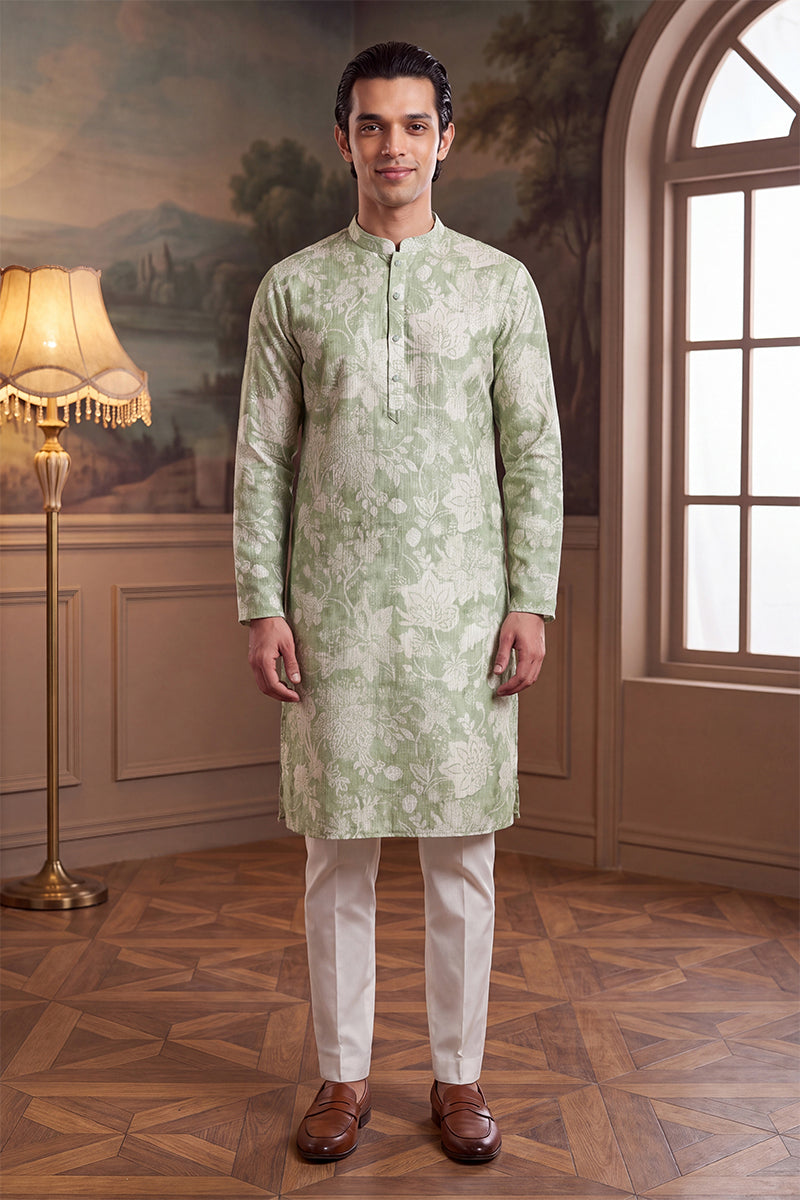 Green Linen Blend Floral Printed Kurta MKU2628