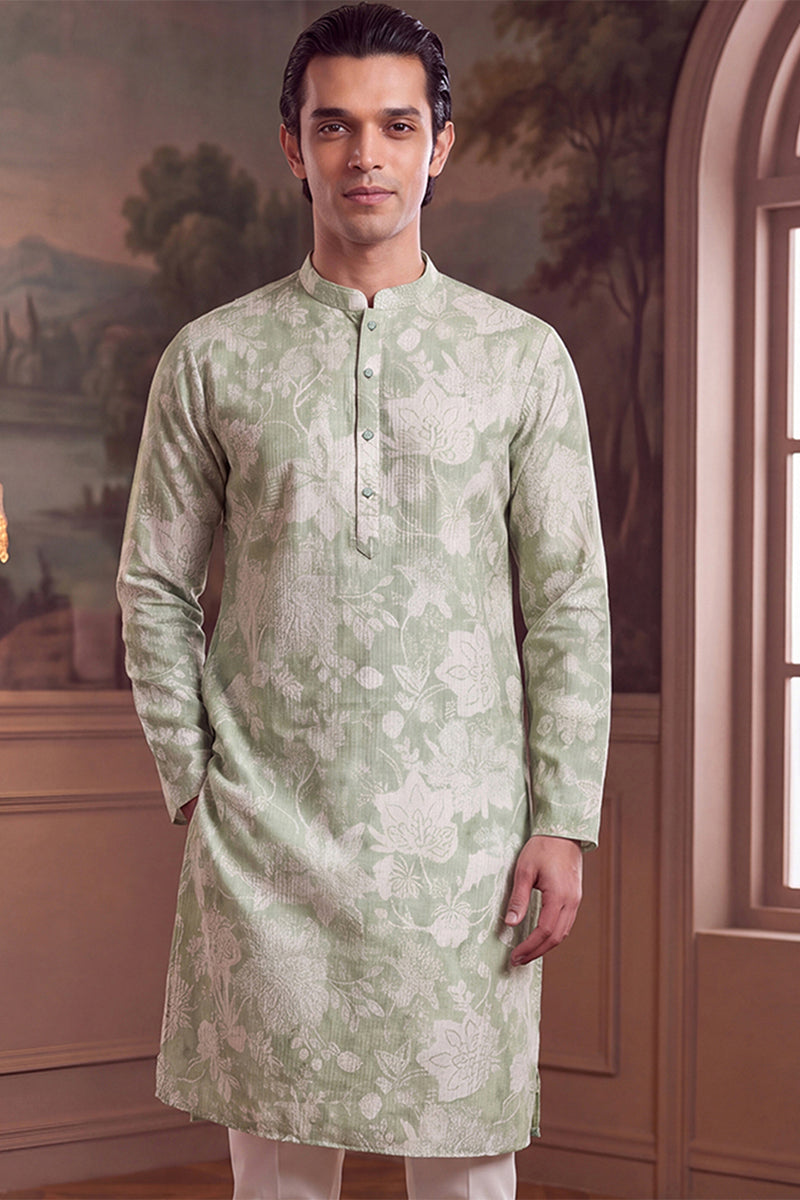 Green Linen Blend Floral Printed Kurta MKU2628