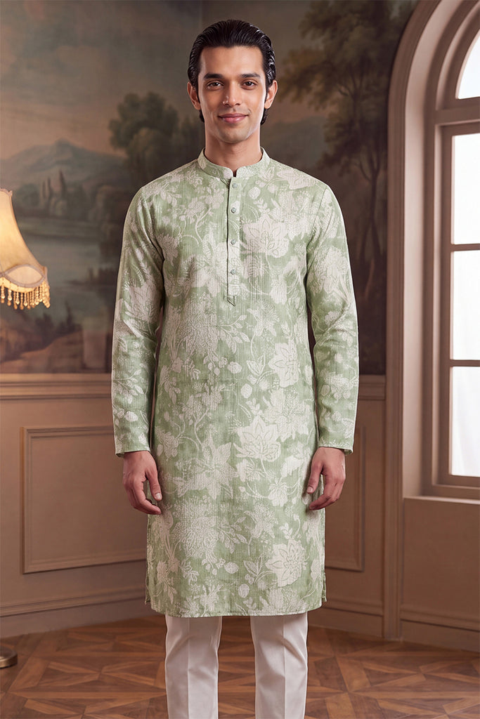 Green Linen Blend Floral Printed Kurta MKU2628